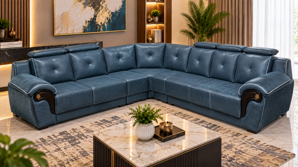 Teal sectional sofa made by Tuba Furniture, Pune