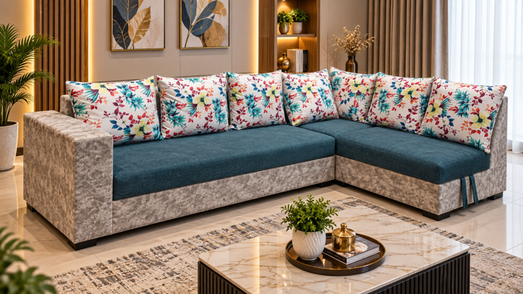 Floral sectional sofa made by Tuba Furniture, Pune