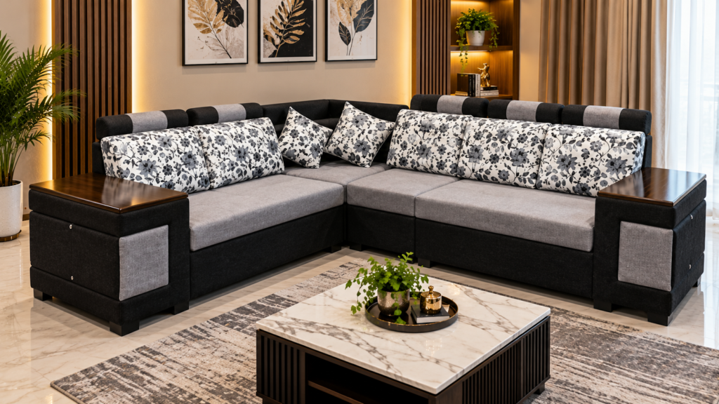 Charcoal L-shaped sofa made by Tuba Furniture, Pune