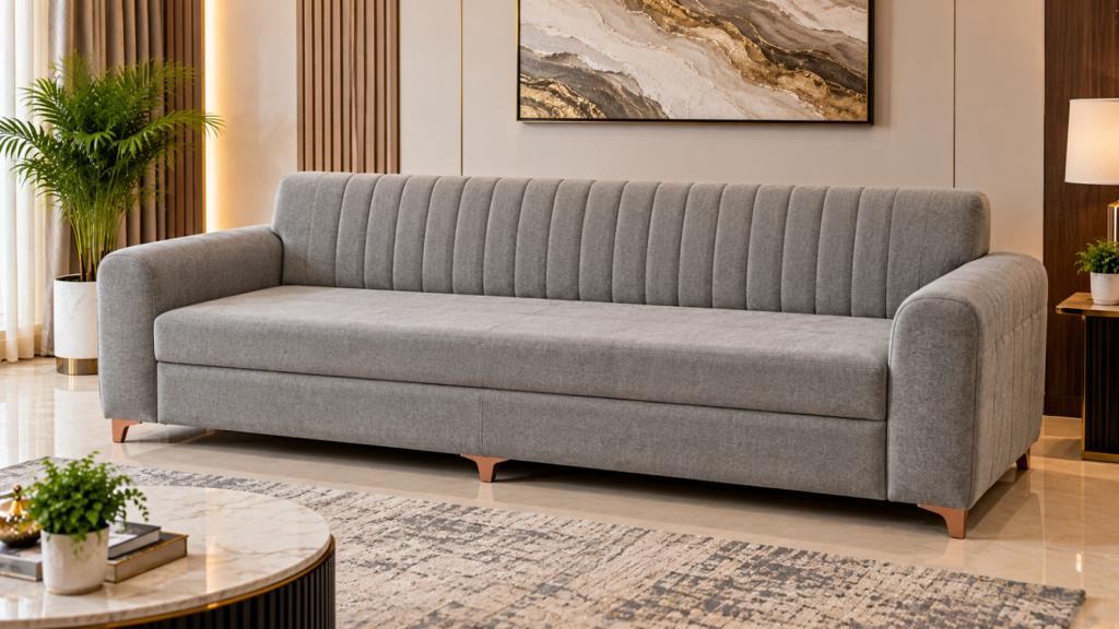 Grey sofa made by Tuba Furniture, Pune