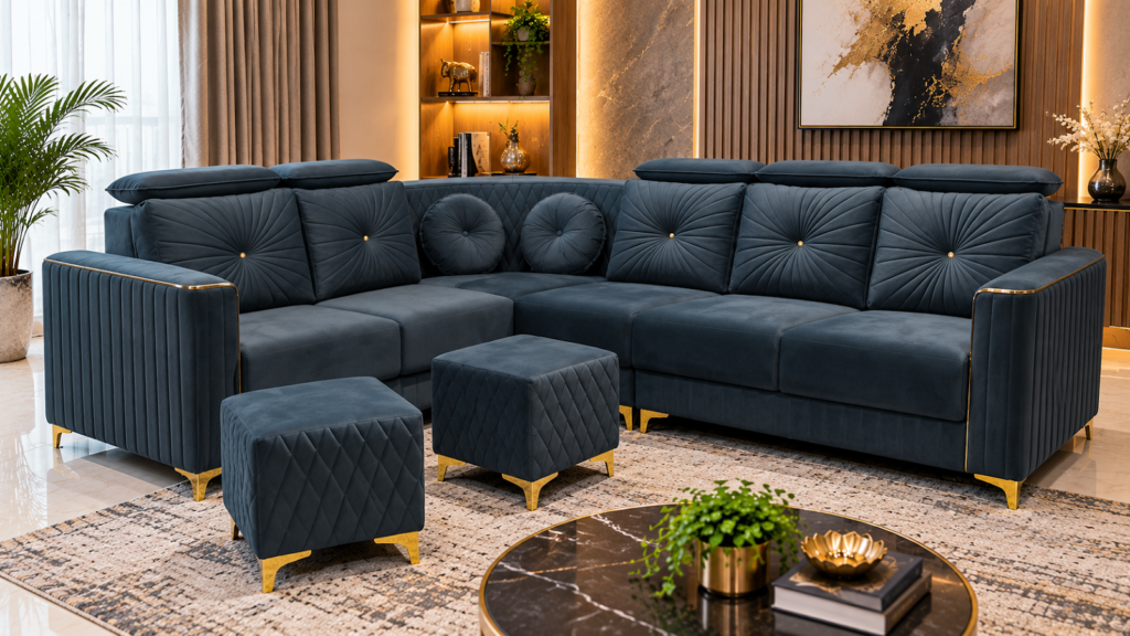 Teal velvet sofa made by Tuba Furniture, Pune