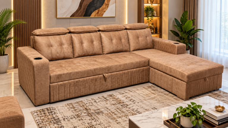 Tan sectional sofa made by Tuba Furniture, Pune
