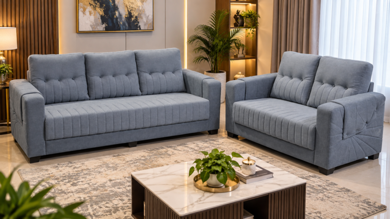 Blue sofa made by Tuba Furniture, Pune