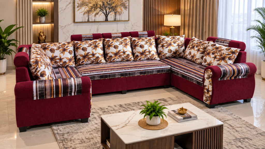 Burgundy sectional sofa made by Tuba Furniture, Pune