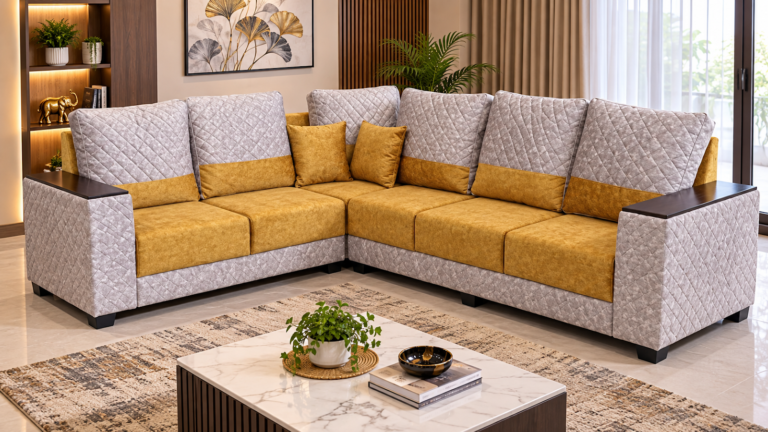 Mustard and grey quilted sectional sofa made by Tuba Furniture, Pune