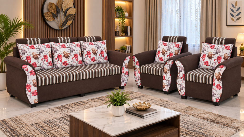 Brown floral sofa set made by Tuba Furniture, Pune