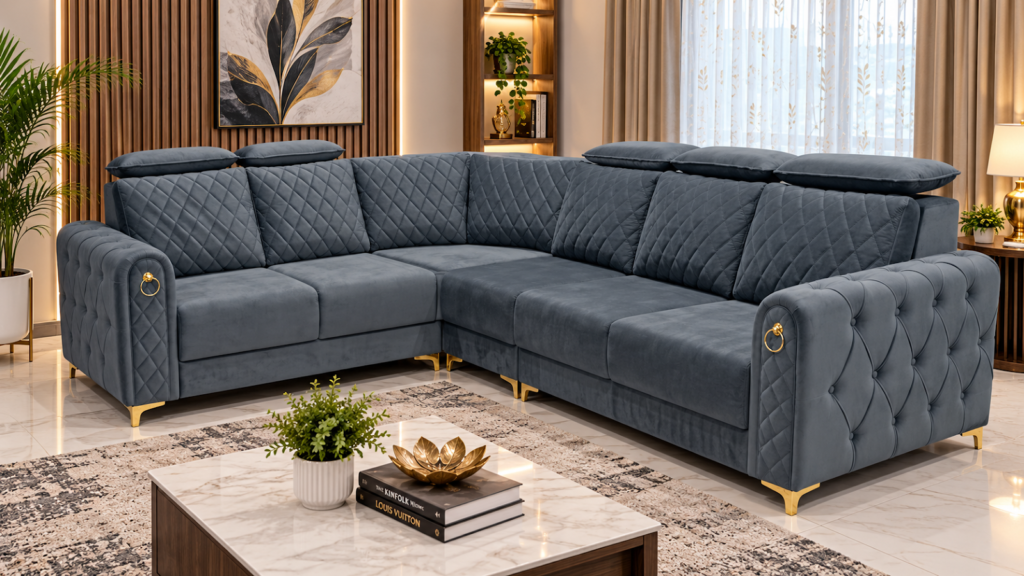 Charcoal sectional sofa made by Tuba Furniture, Pune