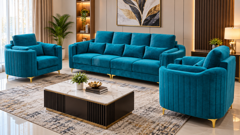 Teal velvet sofa made by Tuba Furniture, Pune
