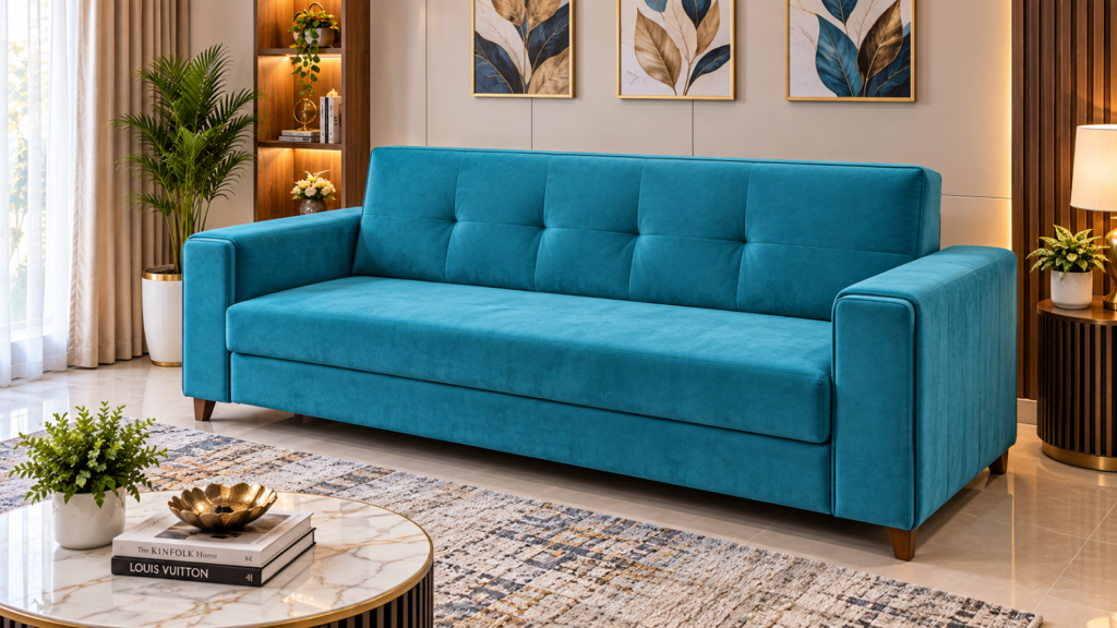 Teal velvet sofa made by Tuba Furniture, Pune