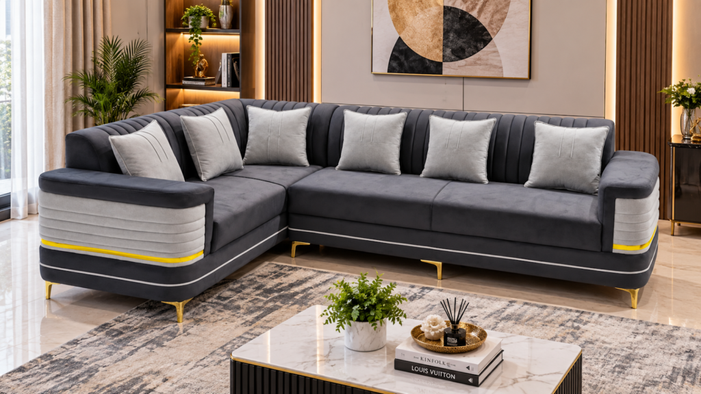 Charcoal sectional sofa made by Tuba Furniture, Pune