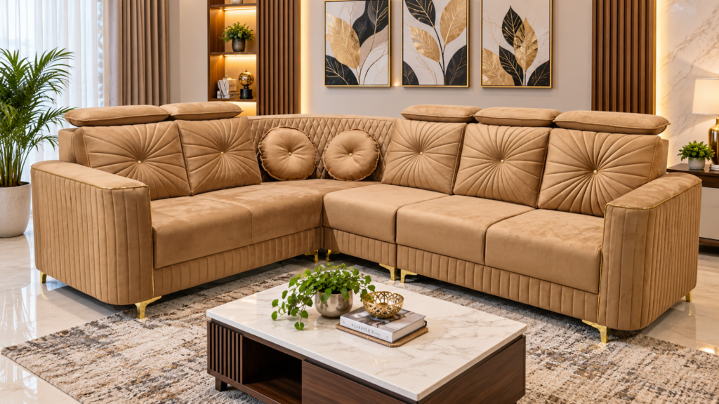 Tan sectional sofa made by Tuba Furniture, Pune