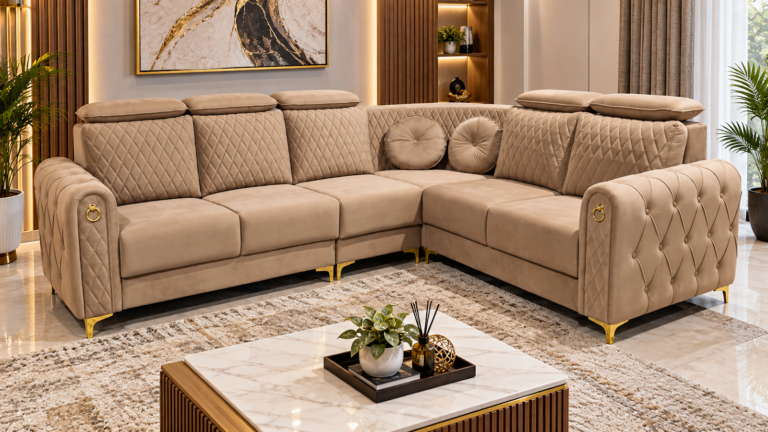Beige sectional sofa made by Tuba Furniture, Pune
