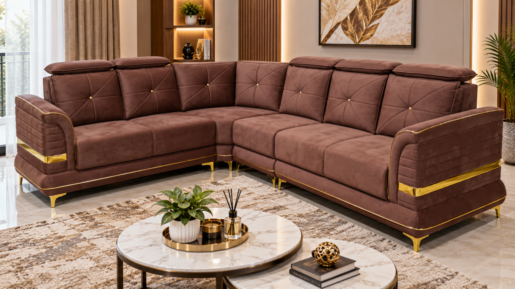 Brown sectional sofa made by Tuba Furniture, Pune