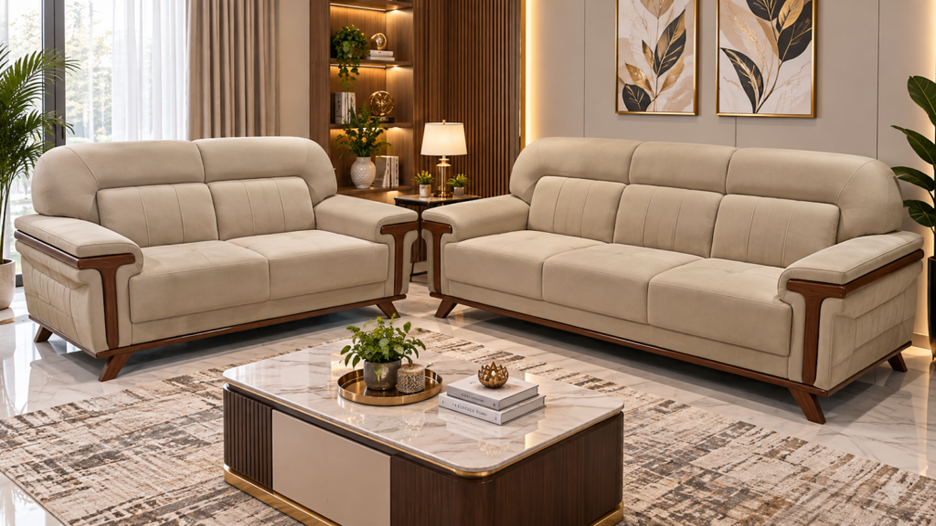Beige sofa made by Tuba Furniture, Pune