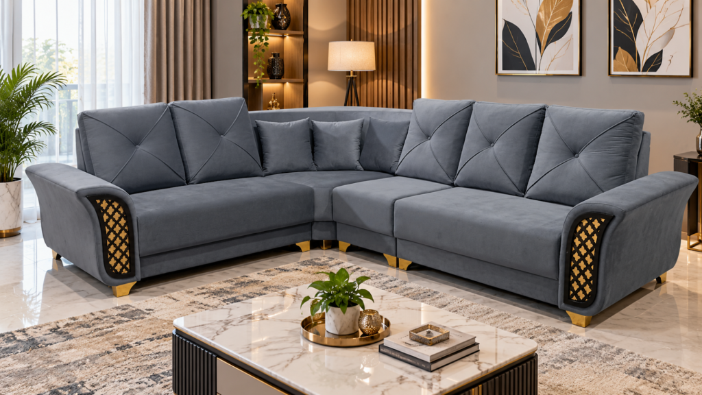 Grey sectional sofa made by Tuba Furniture, Pune