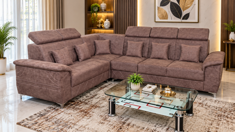 Taupe sectional sofa made by Tuba Furniture, Pune