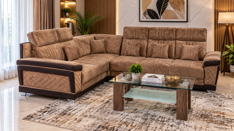 Camel sectional sofa made by Tuba Furniture, Pune