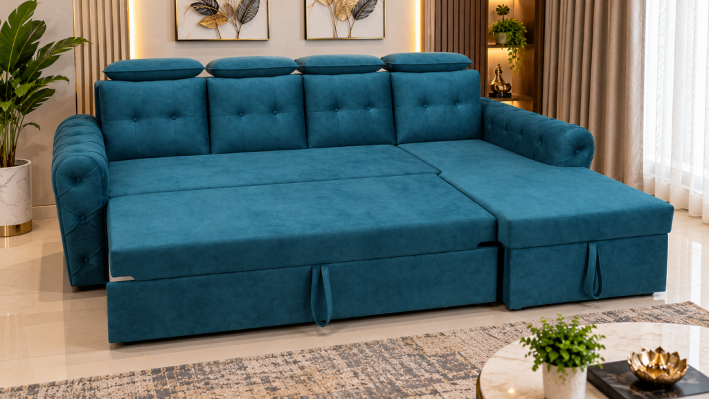 Teal tufted cushion sofa cum bed by Tuba Furniture
