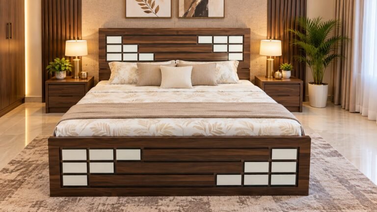 Symmetrical walnut double bed by Tuba Furniture, Pune