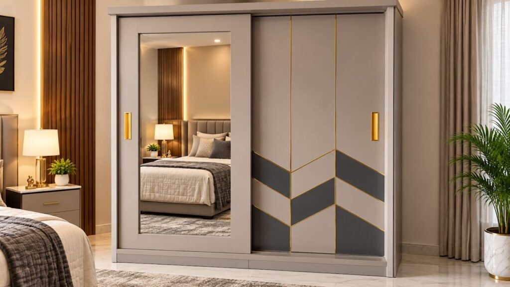 Taupe sliding wardrobe with mirror by Tuba Furniture, Pune