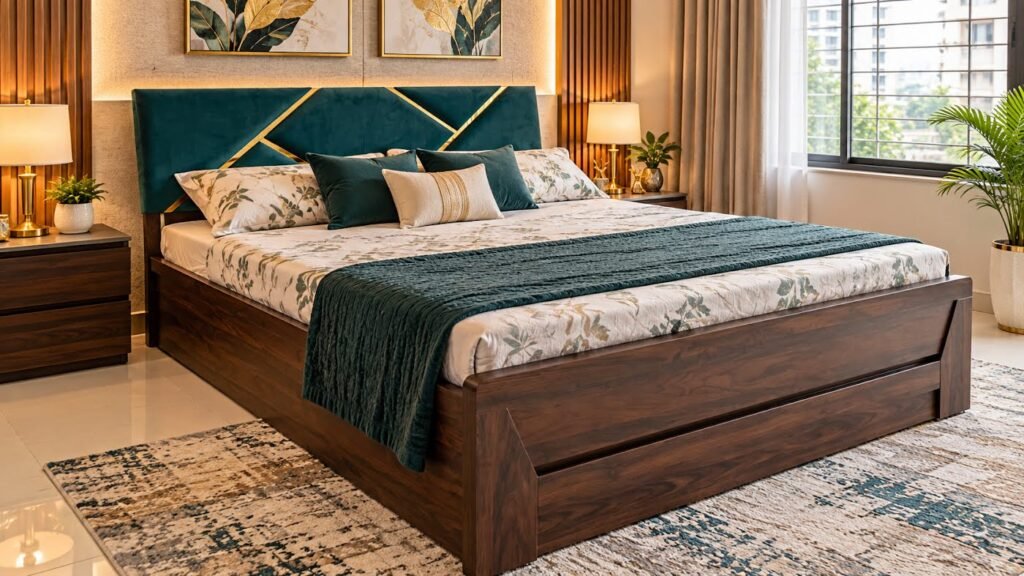 Teal and walnut double bed by Tuba Furniture, Pune