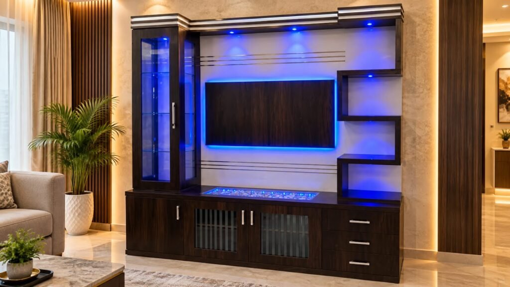 TV unit with blue LED lights by Tuba Furniture, Pune