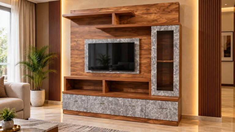 Walnut and marble TV unit by Tuba Furniture, Pune