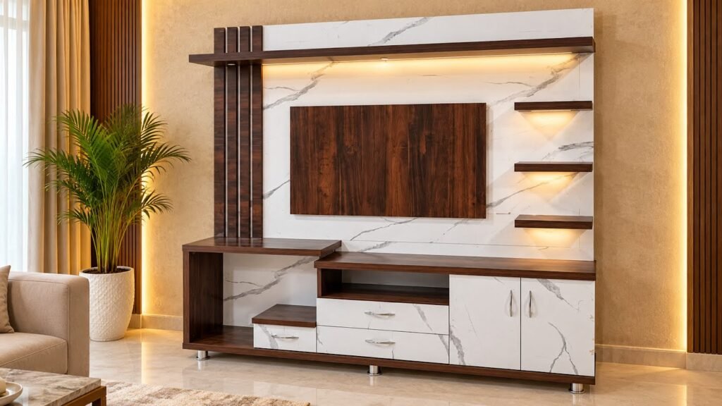 Walnut and marble TV wall unit by Tuba Furniture, Pune