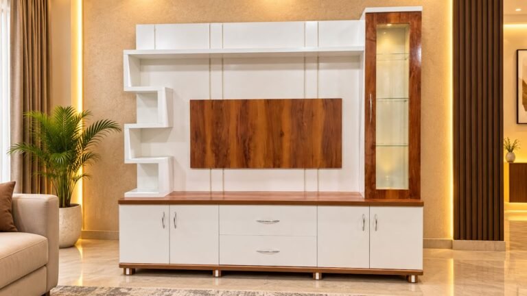 Walnut and white TV unit by Tuba Furniture, Pune