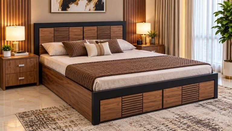 Walnut bed with slatted headboard by Tuba Furniture, Pune