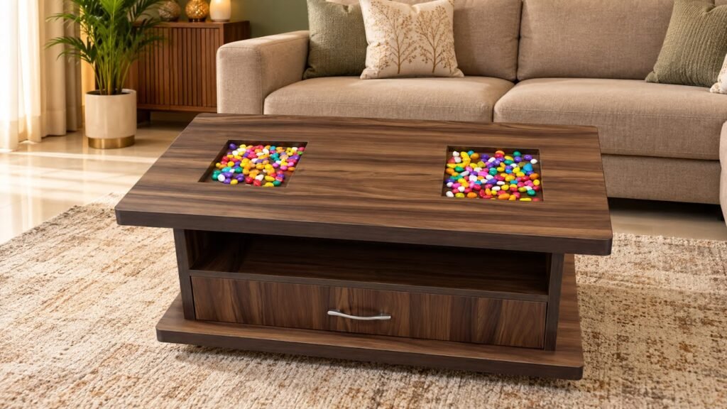 Walnut center table with colourful inlays by Tuba Furniture, Pune
