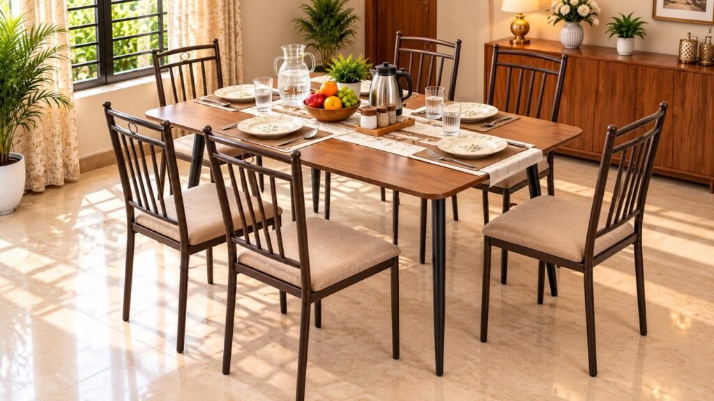 Walnut dining table with chairs by Tuba Furniture, Pune