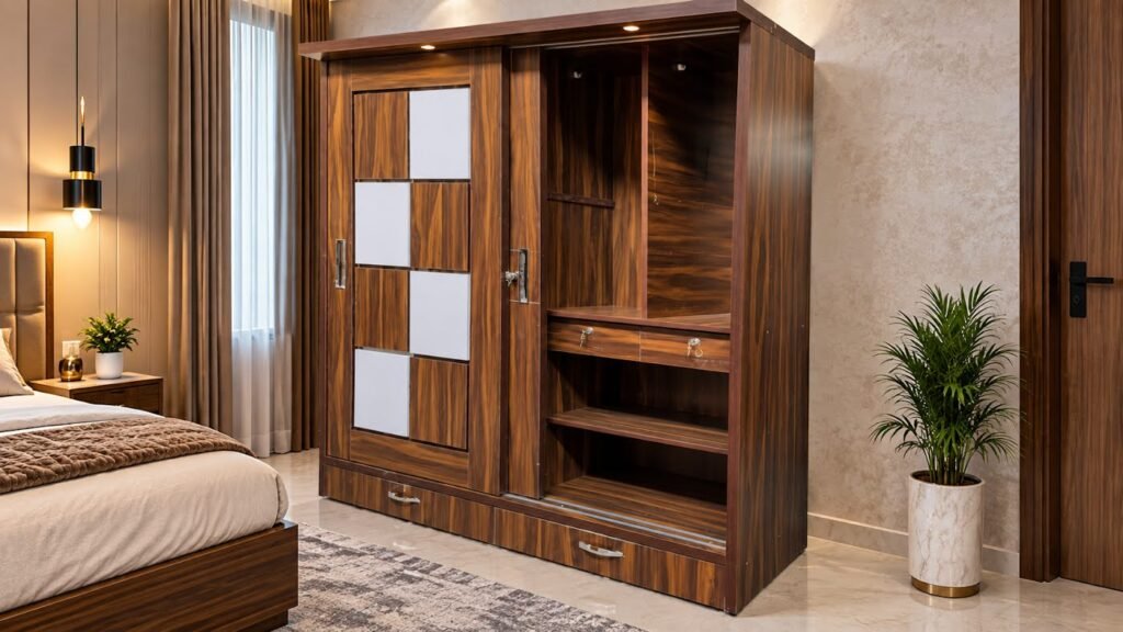 Walnut wardrobe with display shelves by Tuba Furniture, Pune