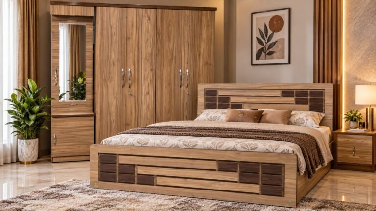 Walnut double bed with matching bedroom furniture by Tuba Furniture, Pune
