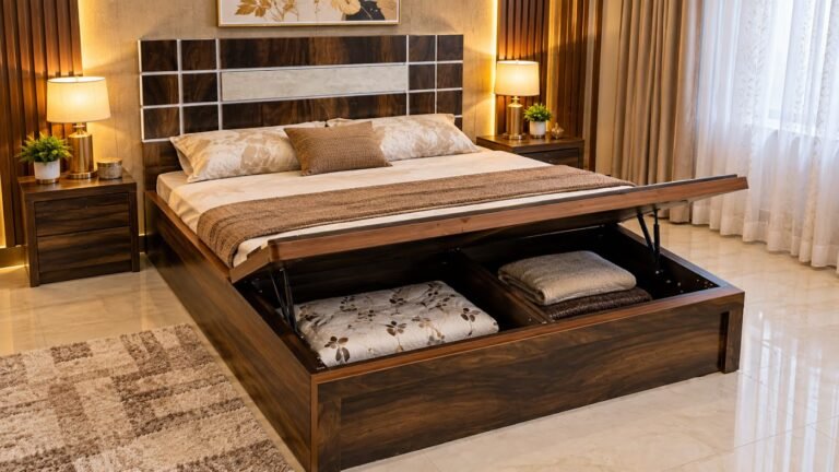 Walnut lift-up storage bed by Tuba Furniture, Pune