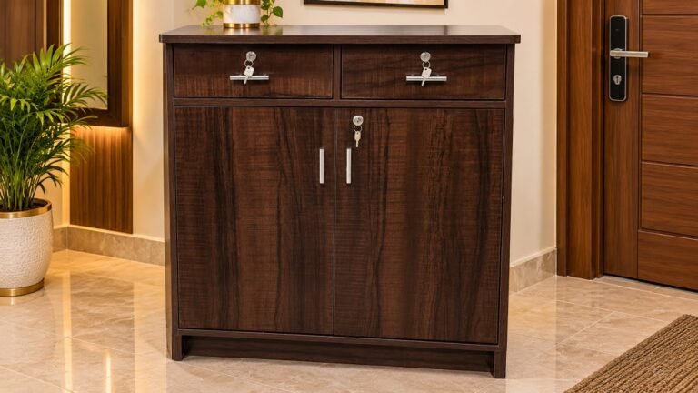 Walnut shoe rack cabinet by Tuba Furniture, Pune