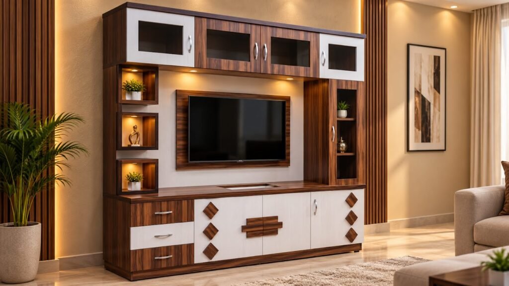 Walnut TV wall unit by Tuba Furniture, Pune