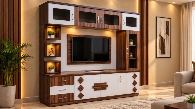 Walnut TV wall unit by Tuba Furniture, Pune