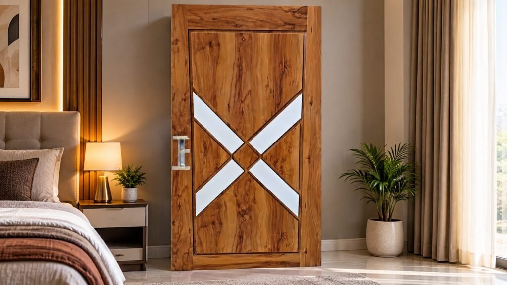 Wardrobe with geometric wooden doors by Tuba Furniture, Pune
