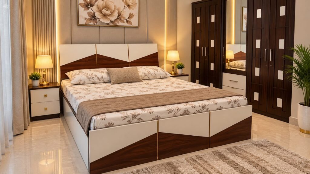 Warm geometric double bed by Tuba Furniture, Pune