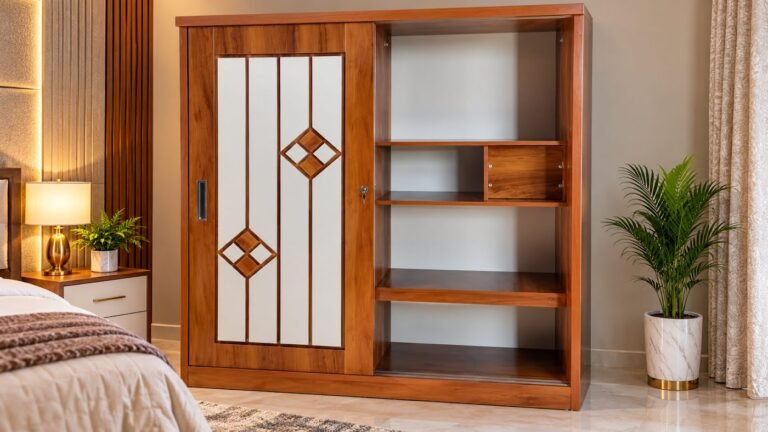 Warm modern wardrobe with display by Tuba Furniture, Pune