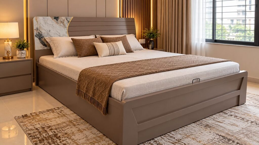 Warm taupe double bed by Tuba Furniture, Pune