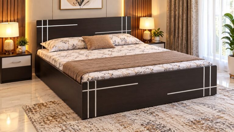 Warm-toned modern double bed by Tuba Furniture, Pune