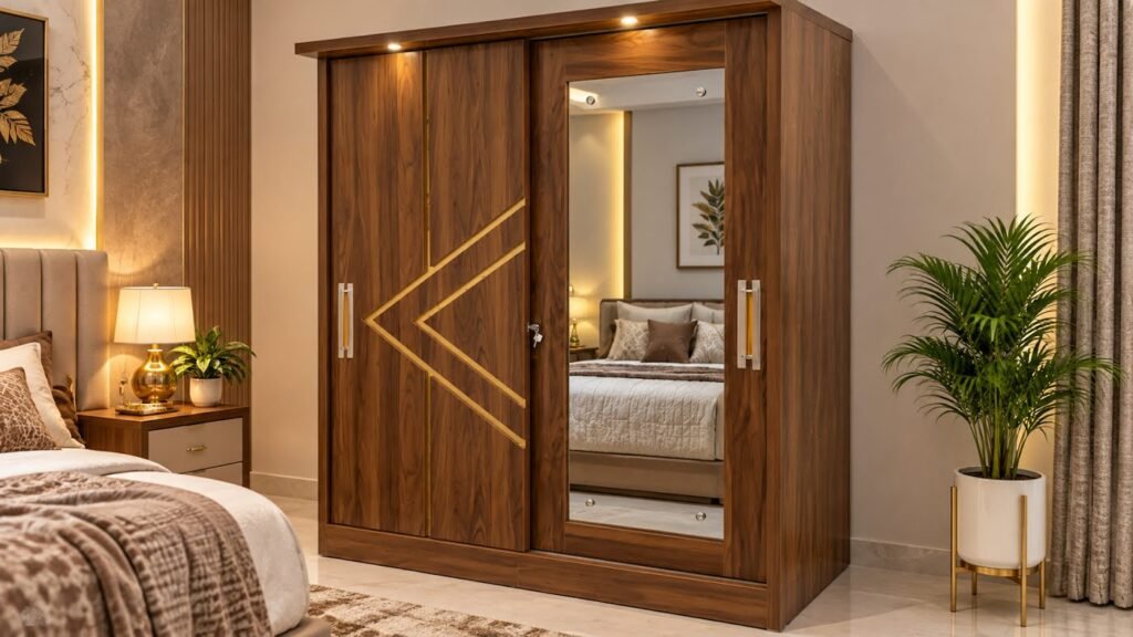 Warm walnut wardrobe for bedroom by Tuba Furniture, Pune