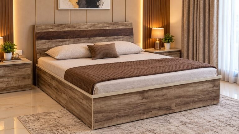 Wood panel double bed by Tuba Furniture, Pune