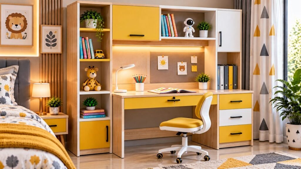 Yellow kids study table by Tuba Furniture, Pune